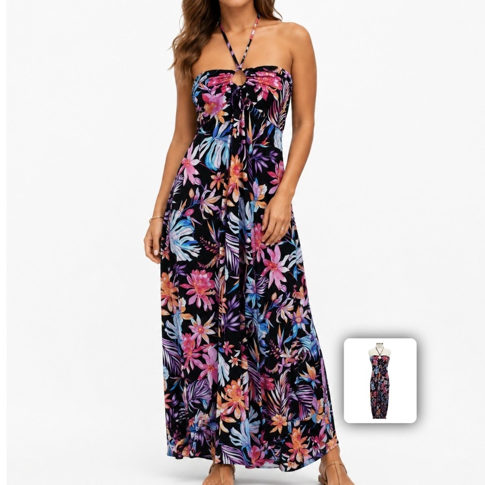 No Boundaries Floral Halter Maxi Dress Tropical Print Ring Front XXXL
